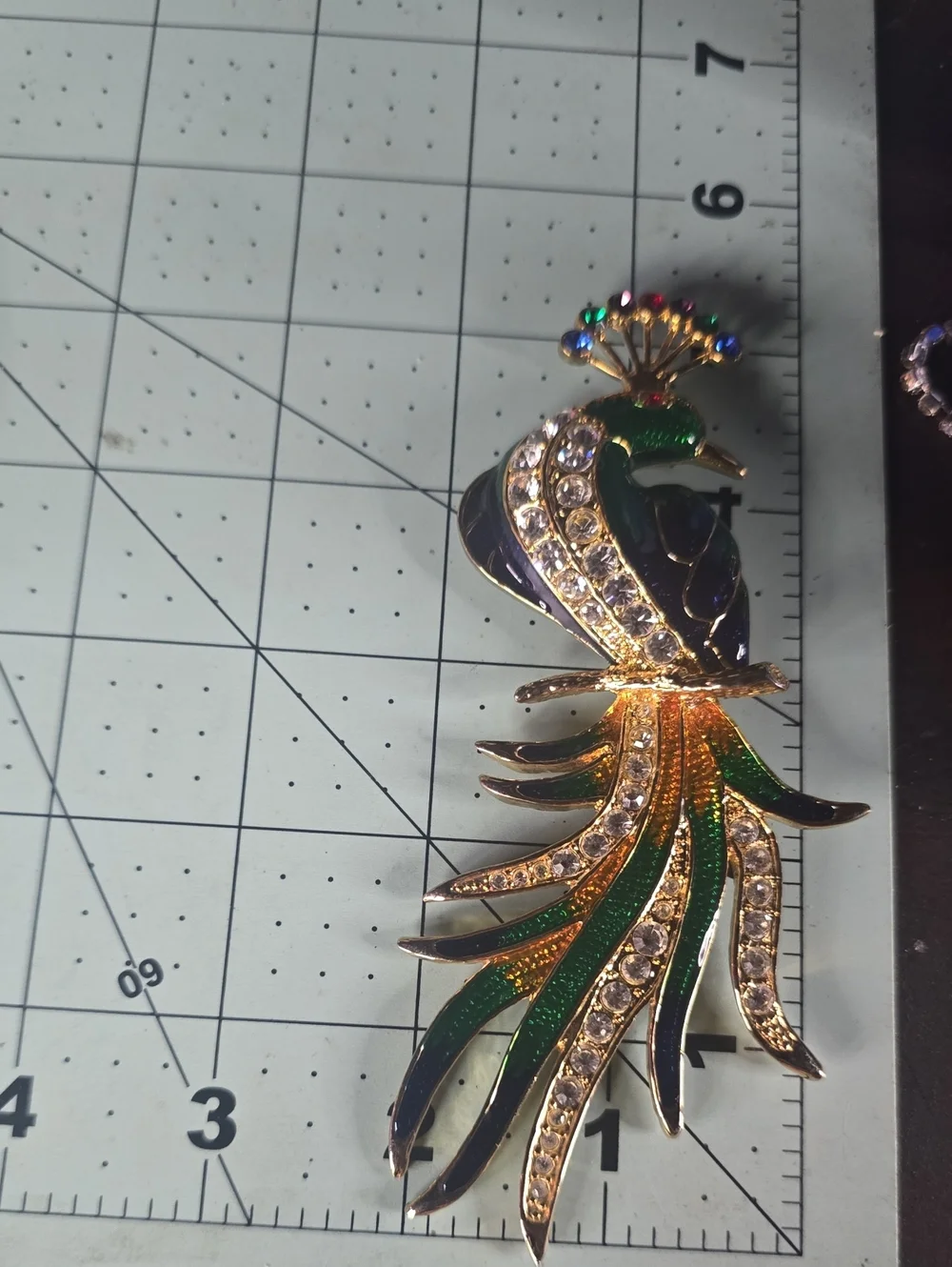 Gold-Tone Peacock Brooch with Green and Purple Enamel and Clear Crystals